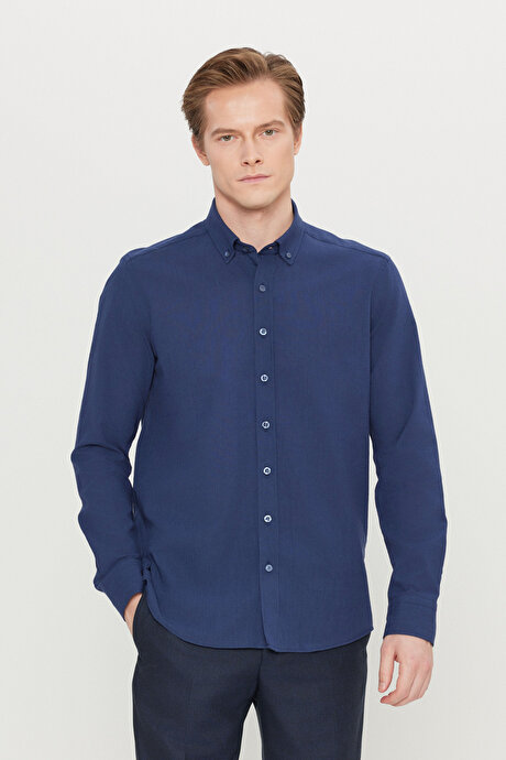 %100 Pamuk Flamlı Oxford Slim Fit Dar Kesim Düğmeli Yaka Lacivert Gömlek resmi