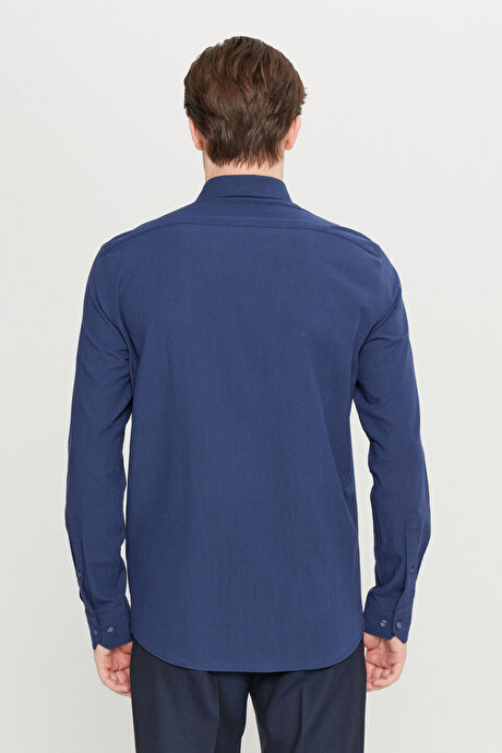 %100 Pamuk Flamlı Oxford Slim Fit Dar Kesim Düğmeli Yaka Lacivert Gömlek resmi