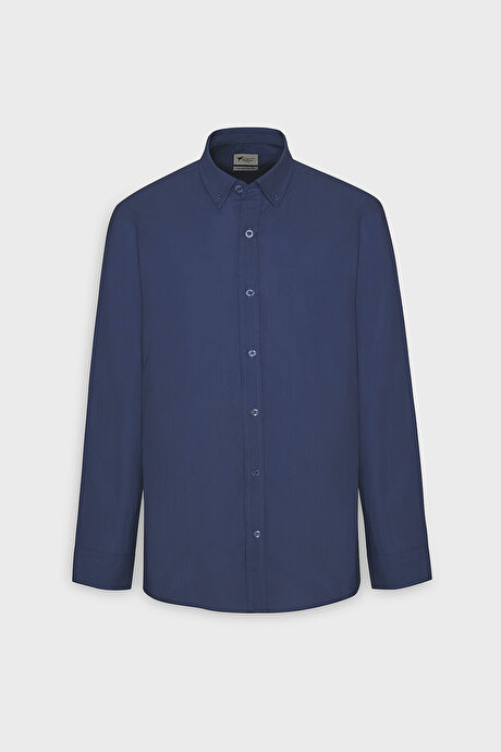 %100 Pamuk Flamlı Oxford Slim Fit Dar Kesim Düğmeli Yaka Lacivert Gömlek resmi