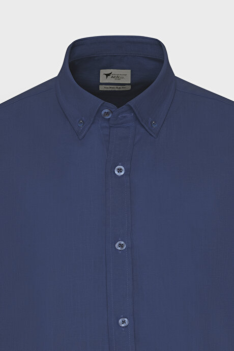 %100 Pamuk Flamlı Oxford Slim Fit Dar Kesim Düğmeli Yaka Lacivert Gömlek resmi
