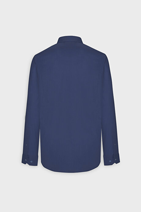 %100 Pamuk Flamlı Oxford Slim Fit Dar Kesim Düğmeli Yaka Lacivert Gömlek resmi