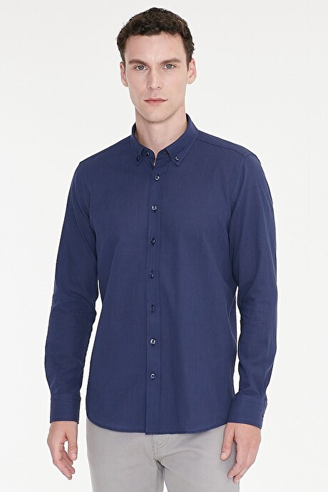 %100 Pamuk Flamlı Oxford Slim Fit Dar Kesim Düğmeli Yaka Lacivert Gömlek resmi