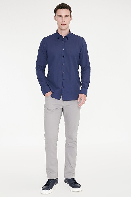 %100 Pamuk Flamlı Oxford Slim Fit Dar Kesim Düğmeli Yaka Lacivert Gömlek resmi
