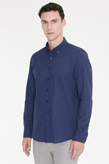 %100 Pamuk Flamlı Oxford Slim Fit Dar Kesim Düğmeli Yaka Lacivert Gömlek resmi