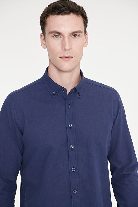 %100 Pamuk Flamlı Oxford Slim Fit Dar Kesim Düğmeli Yaka Lacivert Gömlek resmi