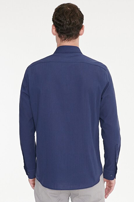 %100 Pamuk Flamlı Oxford Slim Fit Dar Kesim Düğmeli Yaka Lacivert Gömlek resmi