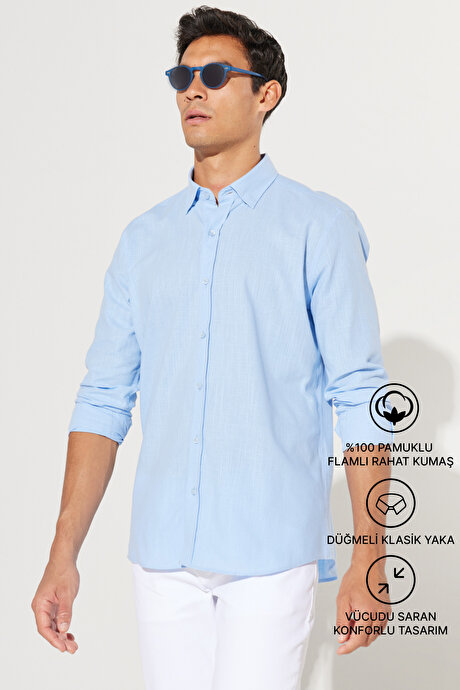 %100 Pamuk Flamlı Oxford Slim Fit Dar Kesim Düğmeli Yaka Mavi Gömlek resmi