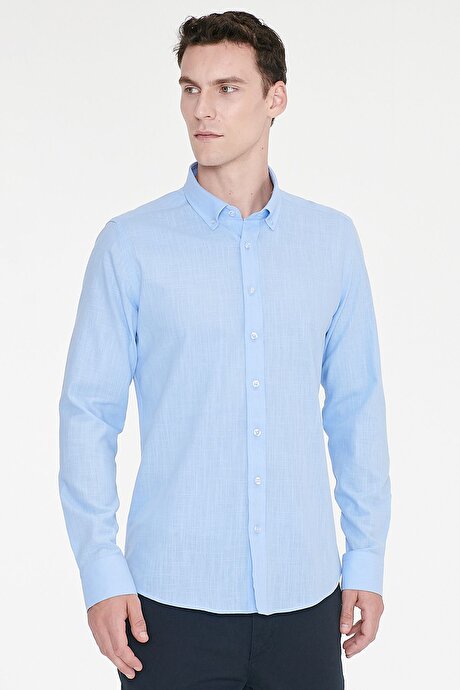 %100 Pamuk Flamlı Oxford Slim Fit Dar Kesim Düğmeli Yaka Mavi Gömlek resmi