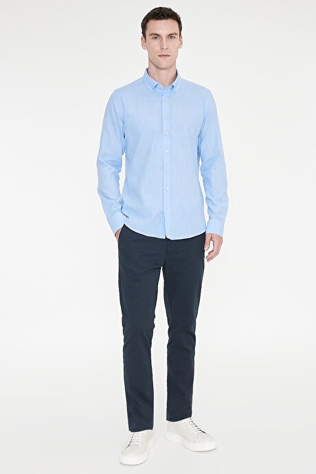 %100 Pamuk Flamlı Oxford Slim Fit Dar Kesim Düğmeli Yaka Mavi Gömlek resmi