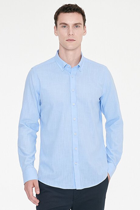 %100 Pamuk Flamlı Oxford Slim Fit Dar Kesim Düğmeli Yaka Mavi Gömlek resmi