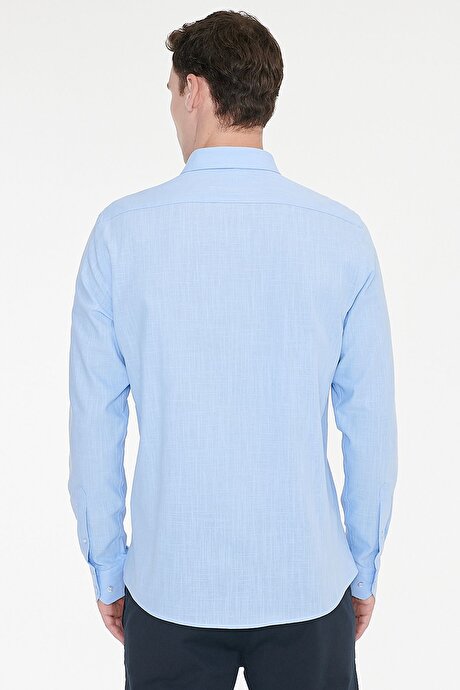 %100 Pamuk Flamlı Oxford Slim Fit Dar Kesim Düğmeli Yaka Mavi Gömlek resmi