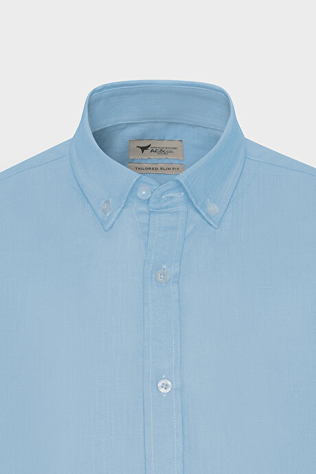 %100 Pamuk Flamlı Oxford Slim Fit Dar Kesim Düğmeli Yaka Mavi Gömlek resmi