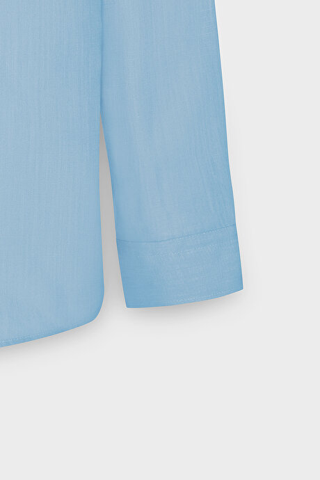 %100 Pamuk Flamlı Oxford Slim Fit Dar Kesim Düğmeli Yaka Mavi Gömlek resmi