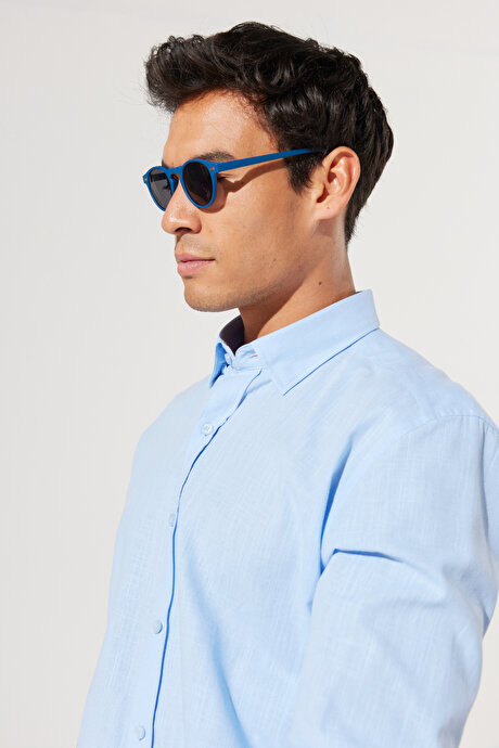Tailored Slim Fit Dar Kesim Oxford Düğmeli Yaka Keten Görünümlü %100 Pamuk Flamlı Mavi Gömlek resmi