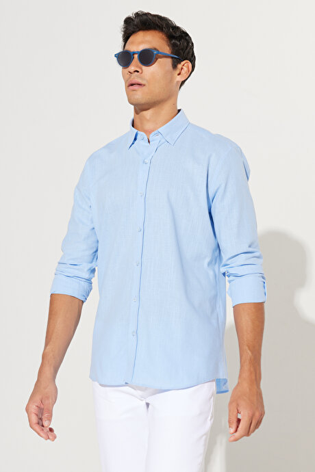 %100 Pamuk Flamlı Oxford Slim Fit Dar Kesim Düğmeli Yaka Mavi Gömlek resmi