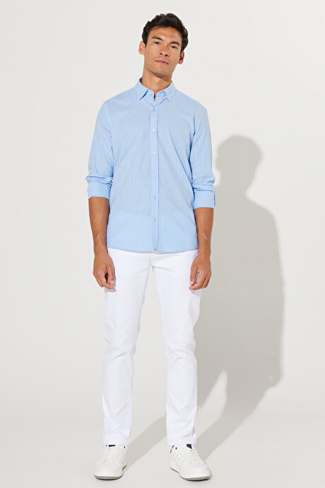 %100 Pamuk Flamlı Oxford Slim Fit Dar Kesim Düğmeli Yaka Mavi Gömlek resmi