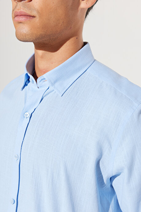 %100 Pamuk Flamlı Oxford Slim Fit Dar Kesim Düğmeli Yaka Mavi Gömlek resmi