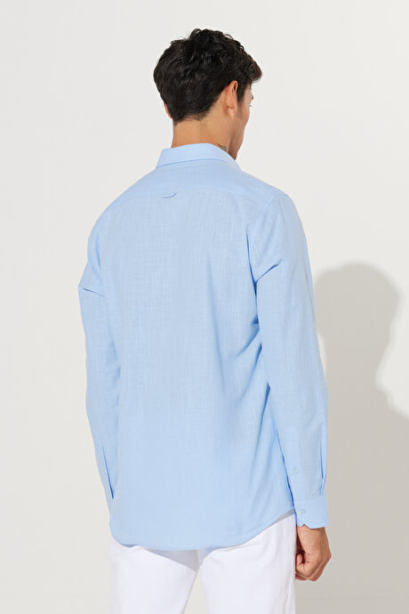 %100 Pamuk Flamlı Oxford Slim Fit Dar Kesim Düğmeli Yaka Mavi Gömlek resmi