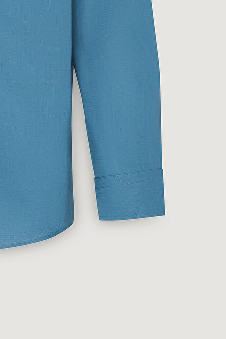 Tailored Slim Fit Dar Kesim Düğmeli Yaka Keten Görünümlü %100 Pamuk Flamlı Petrol Gömlek resmi