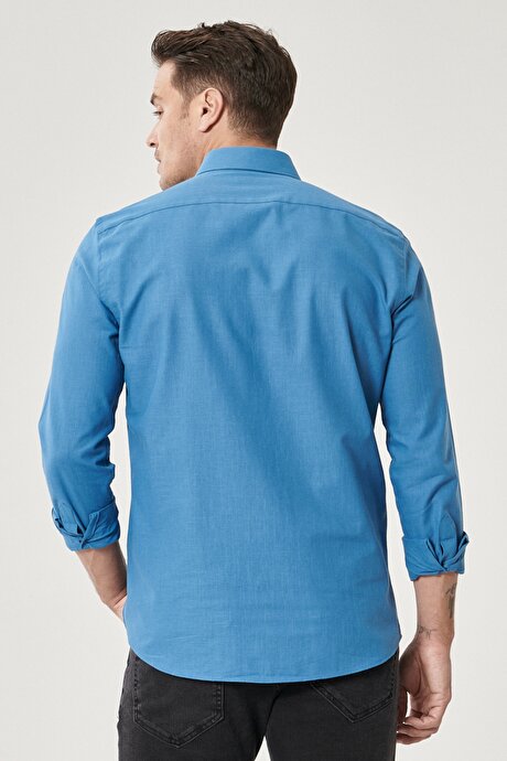 Tailored Slim Fit Dar Kesim Oxford Düğmeli Yaka Keten Görünümlü %100 Pamuk Flamlı Petrol Gömlek resmi