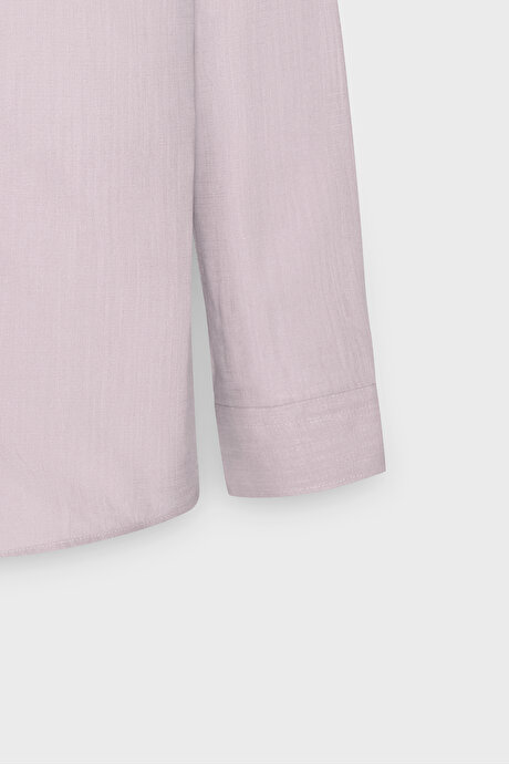 Tailored Slim Fit Dar Kesim Düğmeli Yaka Keten Görünümlü %100 Pamuk Flamlı Pembe Gömlek resmi