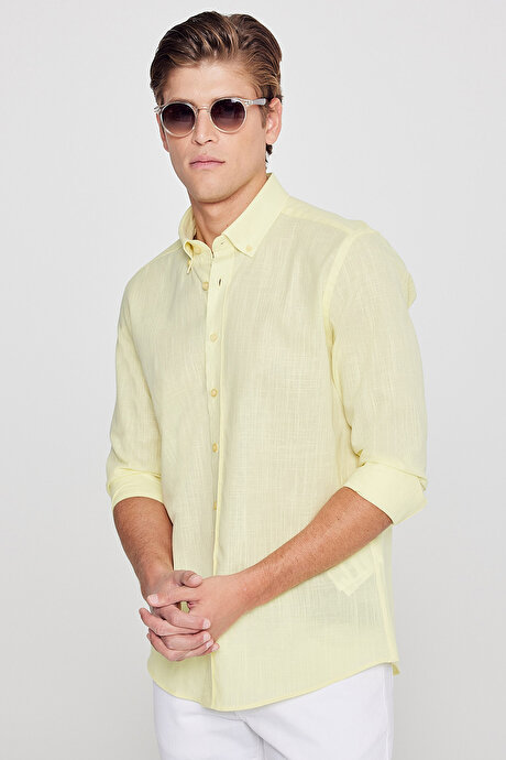 %100 Pamuk Flamlı Oxford Slim Fit Dar Kesim Düğmeli Yaka Sarı Gömlek resmi