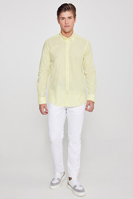 %100 Pamuk Flamlı Oxford Slim Fit Dar Kesim Düğmeli Yaka Sarı Gömlek resmi