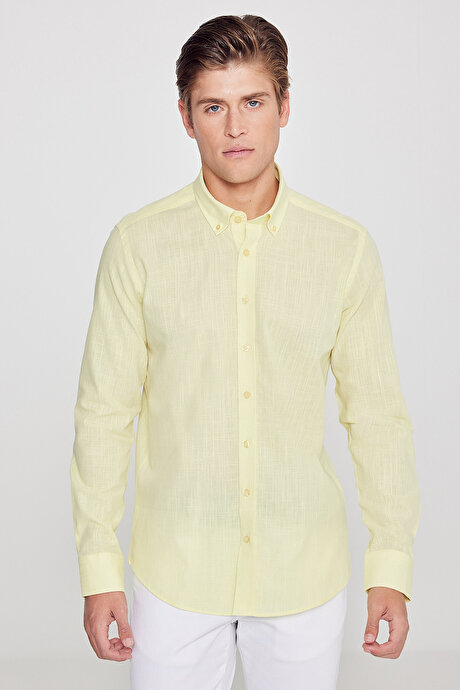 %100 Pamuk Flamlı Oxford Slim Fit Dar Kesim Düğmeli Yaka Sarı Gömlek resmi
