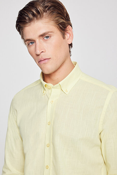 %100 Pamuk Flamlı Oxford Slim Fit Dar Kesim Düğmeli Yaka Sarı Gömlek resmi