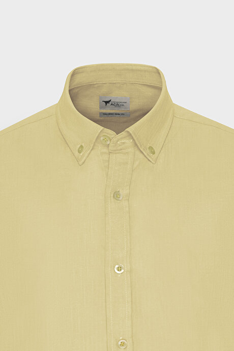 %100 Pamuk Flamlı Oxford Slim Fit Dar Kesim Düğmeli Yaka Sarı Gömlek resmi