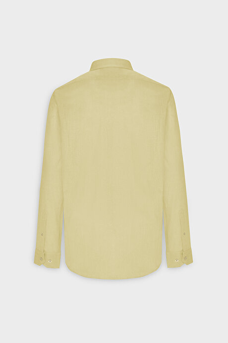 %100 Pamuk Flamlı Oxford Slim Fit Dar Kesim Düğmeli Yaka Sarı Gömlek resmi