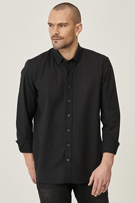Tailored Slim Fit Dar Kesim Oxford Düğmeli Yaka Keten Görünümlü %100 Pamuk Flamlı Siyah Gömlek resmi