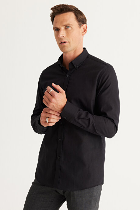 Tailored Slim Fit Dar Kesim Oxford Düğmeli Yaka Keten Görünümlü %100 Pamuk Flamlı Siyah Gömlek resmi