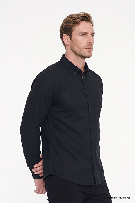 %100 Pamuk Flamlı Oxford Slim Fit Dar Kesim Düğmeli Yaka Siyah Gömlek resmi