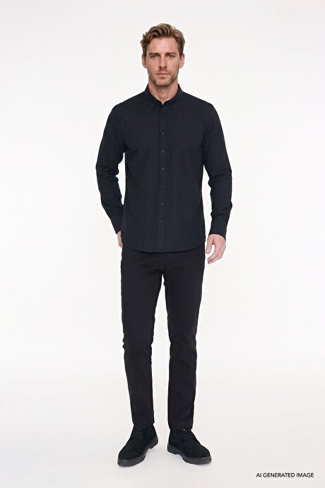 %100 Pamuk Flamlı Oxford Slim Fit Dar Kesim Düğmeli Yaka Siyah Gömlek resmi
