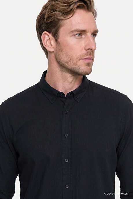 %100 Pamuk Flamlı Oxford Slim Fit Dar Kesim Düğmeli Yaka Siyah Gömlek resmi