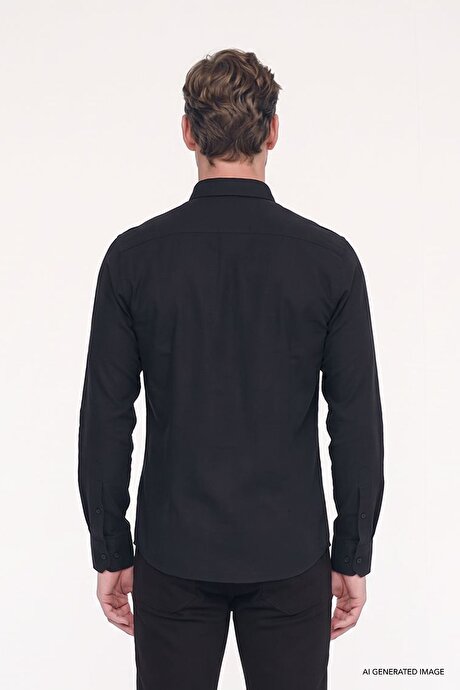 %100 Pamuk Flamlı Oxford Slim Fit Dar Kesim Düğmeli Yaka Siyah Gömlek resmi