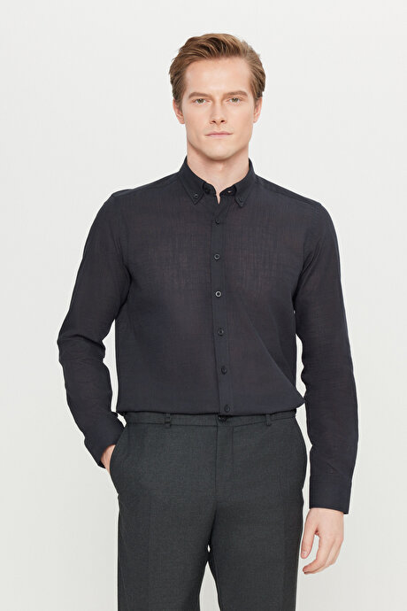 %100 Pamuk Flamlı Oxford Slim Fit Dar Kesim Düğmeli Yaka Siyah Gömlek resmi