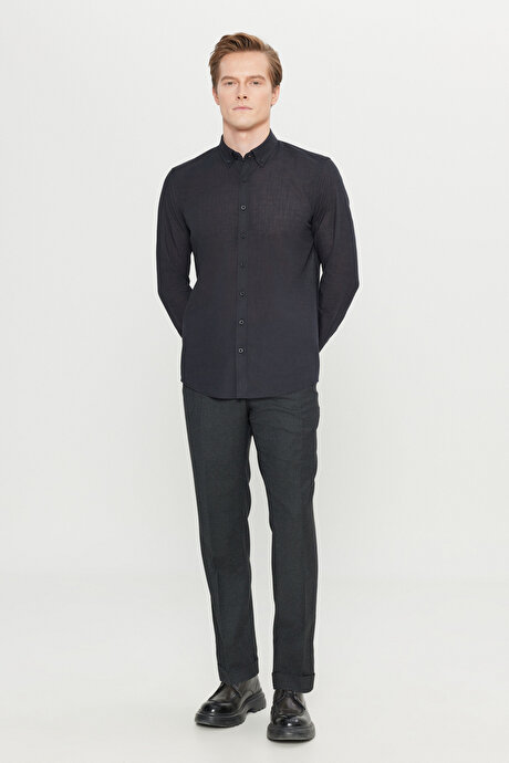 %100 Pamuk Flamlı Oxford Slim Fit Dar Kesim Düğmeli Yaka Siyah Gömlek resmi