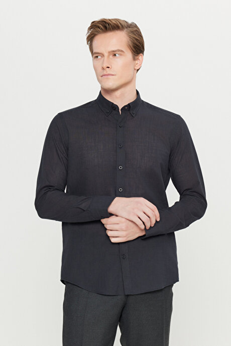 %100 Pamuk Flamlı Oxford Slim Fit Dar Kesim Düğmeli Yaka Siyah Gömlek resmi