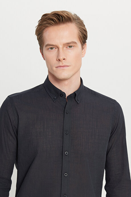 %100 Pamuk Flamlı Oxford Slim Fit Dar Kesim Düğmeli Yaka Siyah Gömlek resmi
