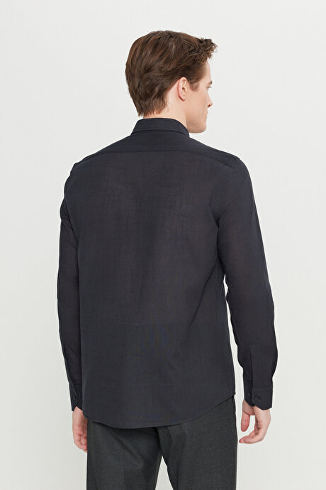 %100 Pamuk Flamlı Oxford Slim Fit Dar Kesim Düğmeli Yaka Siyah Gömlek resmi