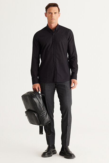 %100 Pamuk Flamlı Oxford Slim Fit Dar Kesim Düğmeli Yaka Siyah Gömlek resmi