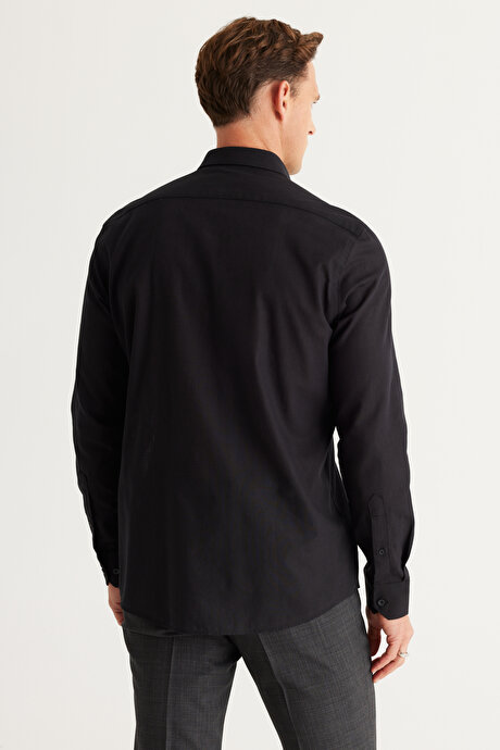 %100 Pamuk Flamlı Oxford Slim Fit Dar Kesim Düğmeli Yaka Siyah Gömlek resmi