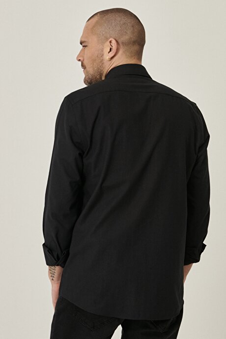 Tailored Slim Fit Dar Kesim Düğmeli Yaka %100 Pamuk Siyah Gömlek resmi