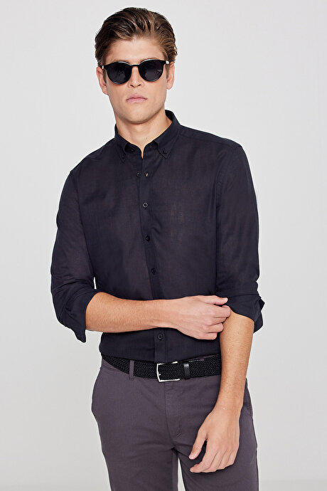 %100 Pamuk Flamlı Oxford Slim Fit Dar Kesim Düğmeli Yaka Siyah Gömlek resmi