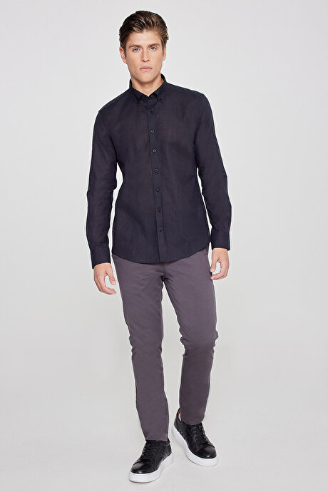 %100 Pamuk Flamlı Oxford Slim Fit Dar Kesim Düğmeli Yaka Siyah Gömlek resmi