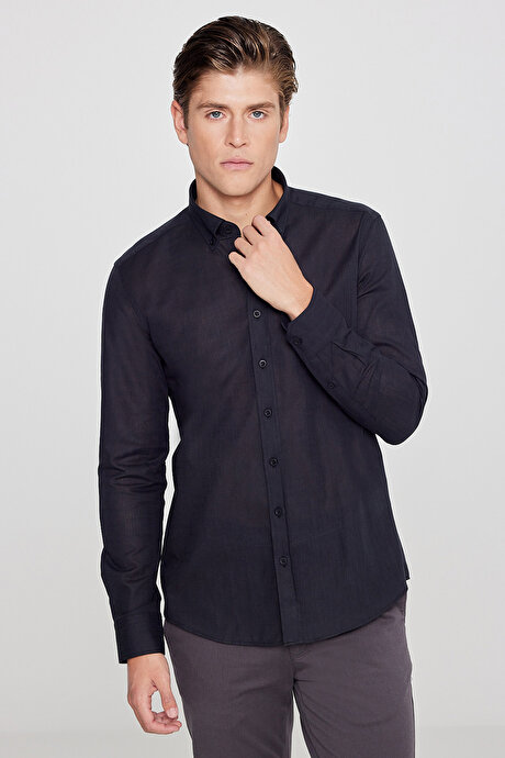 %100 Pamuk Flamlı Oxford Slim Fit Dar Kesim Düğmeli Yaka Siyah Gömlek resmi