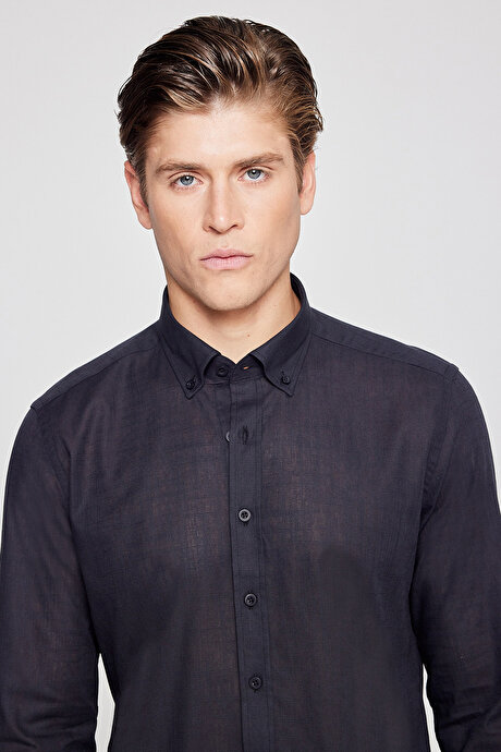 %100 Pamuk Flamlı Oxford Slim Fit Dar Kesim Düğmeli Yaka Siyah Gömlek resmi