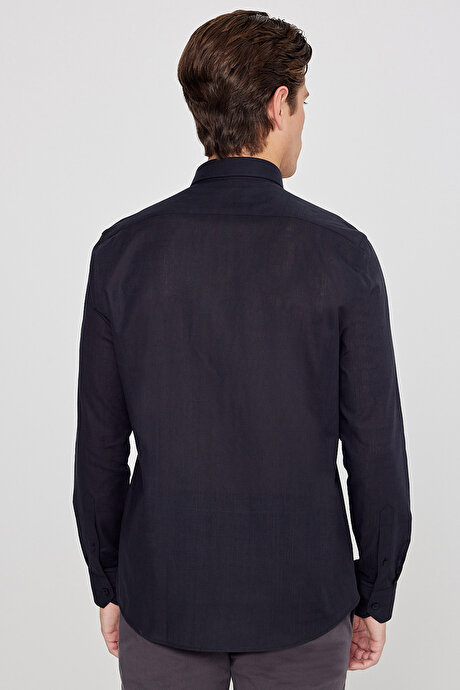 %100 Pamuk Flamlı Oxford Slim Fit Dar Kesim Düğmeli Yaka Siyah Gömlek resmi